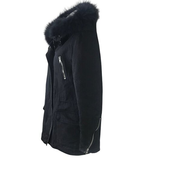 Maje Black Fur trimmed Hood & Faux Fur Lining Coat With Silver Zippers Size S - Picture 4 of 8